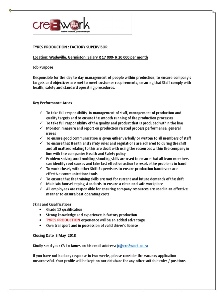 Tyre Factory Supervisor Role | PDF