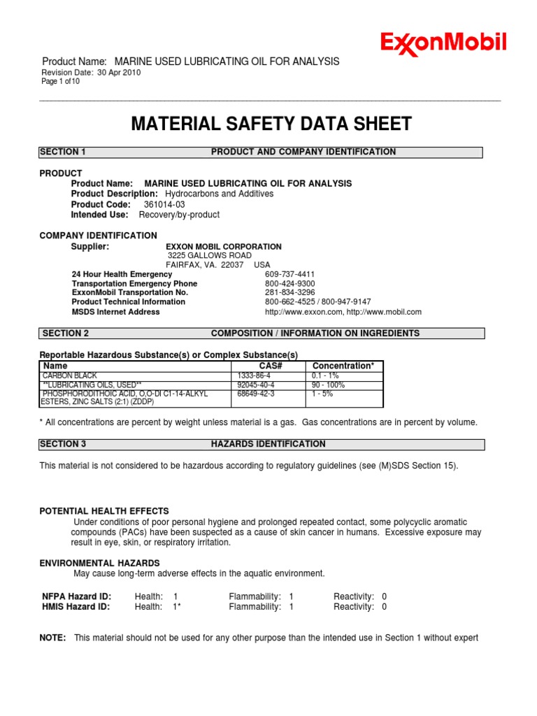 MSDS Used Oil Lubricant 2010 PDF Firefighter Toxicity