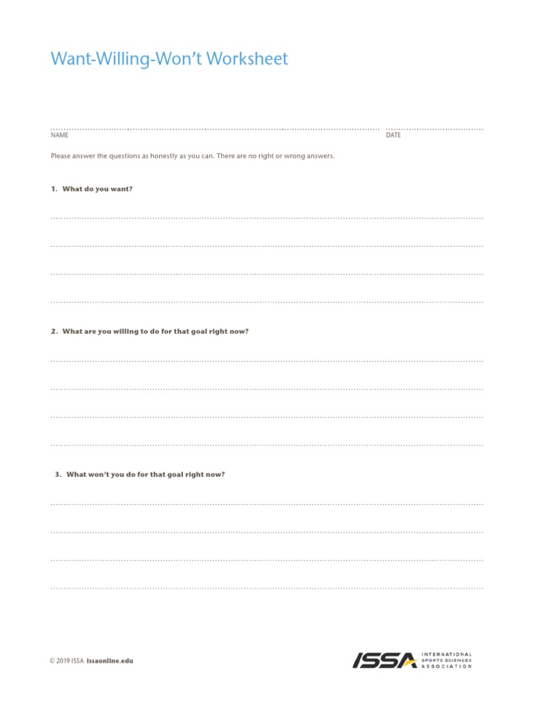 10 ISSA Professional Nutrition Coach Ready Willing and Able Worksheet ...