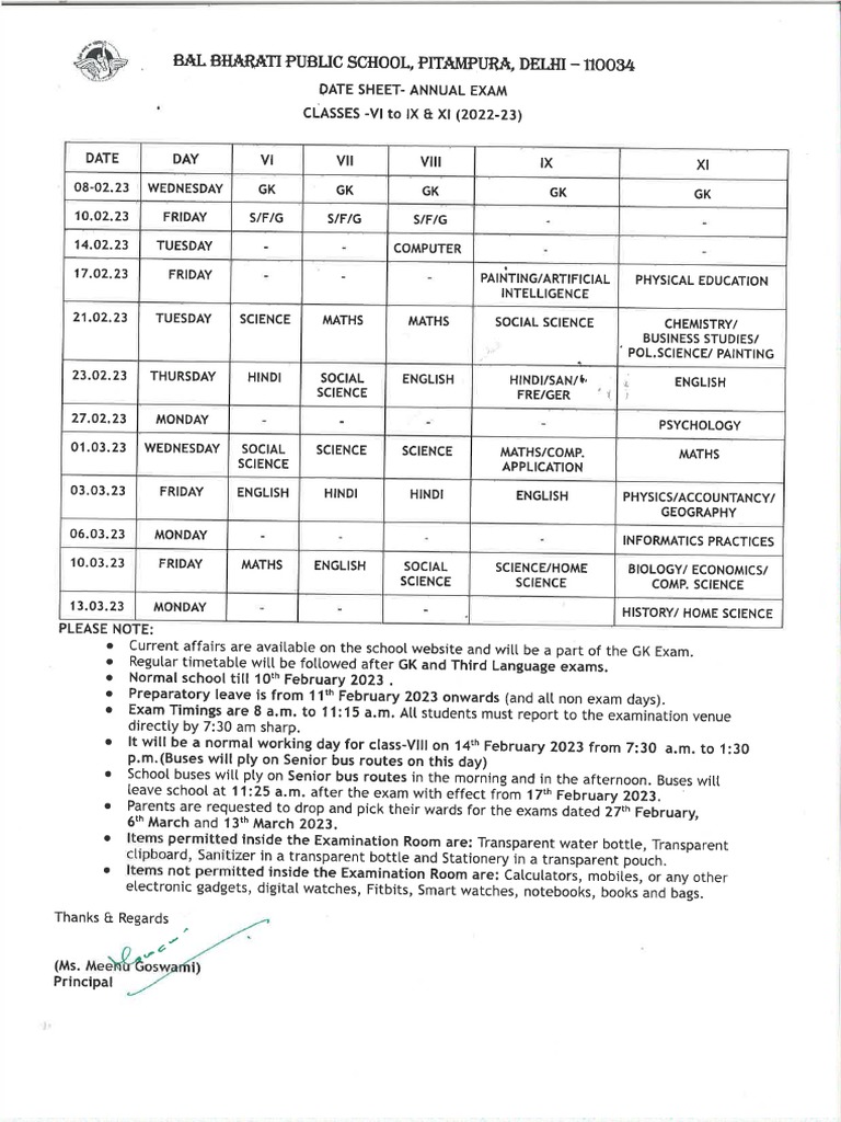 Annual Exam Date Sheet Class 6-9,11 | PDF