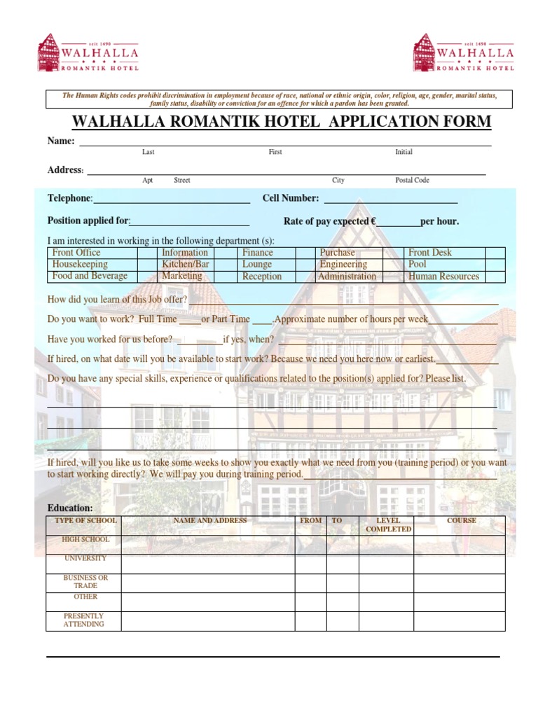 Application Form Walhalla Romantik Hotel Germany PDF Employment