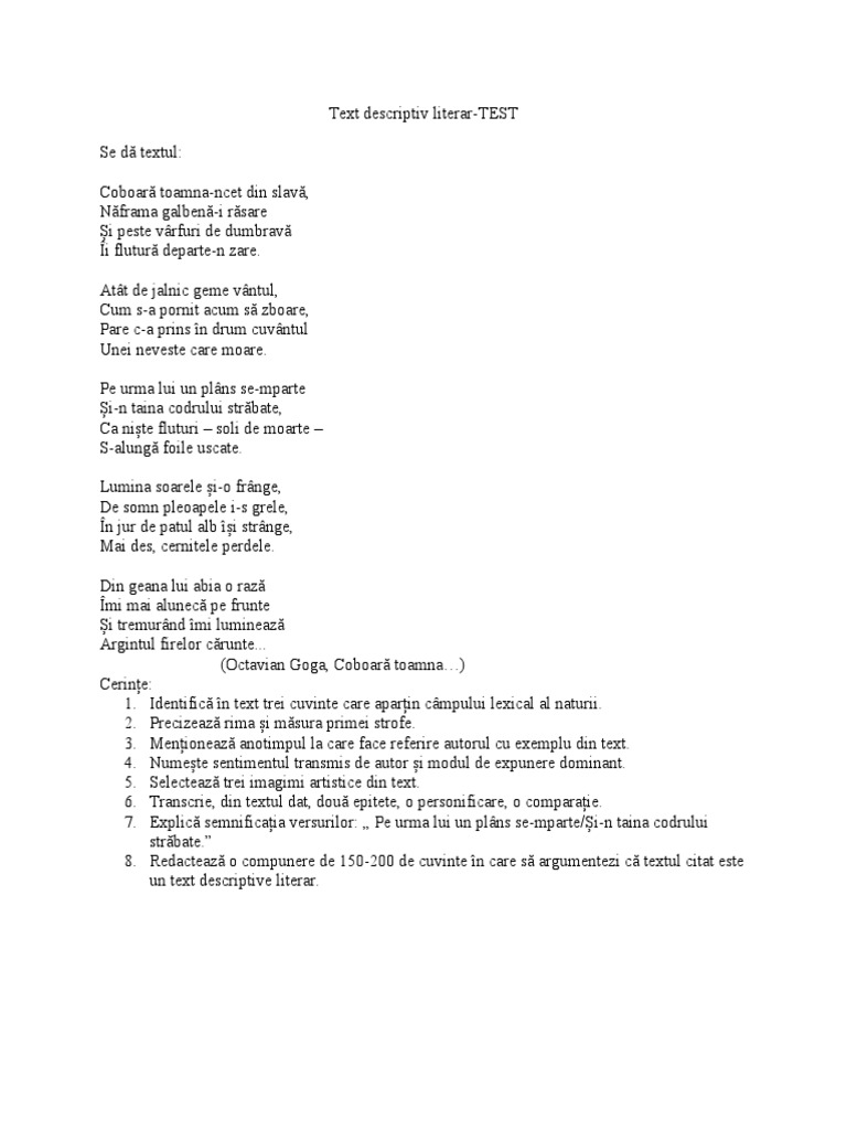 Text Descriptiv Literar Test Clasa 6 | PDF