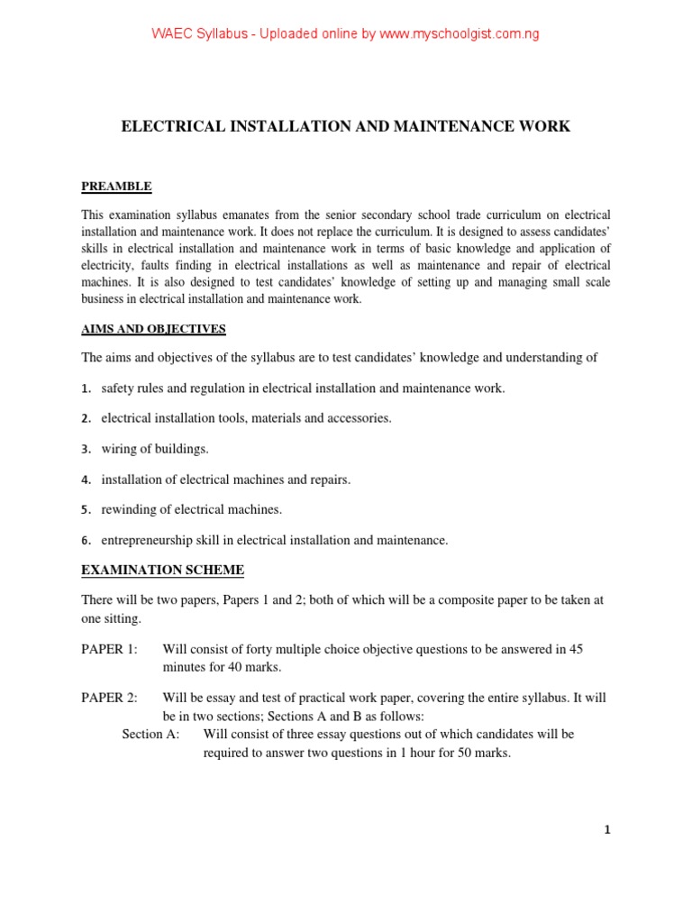 WAEC Syllabus for Electrical Installation and Maintenance PDF