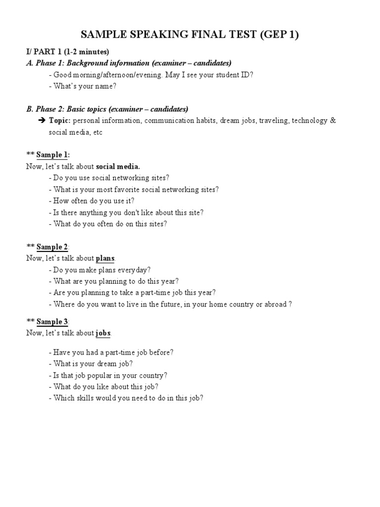 GEP 1 Speaking Test Sample Questions | PDF