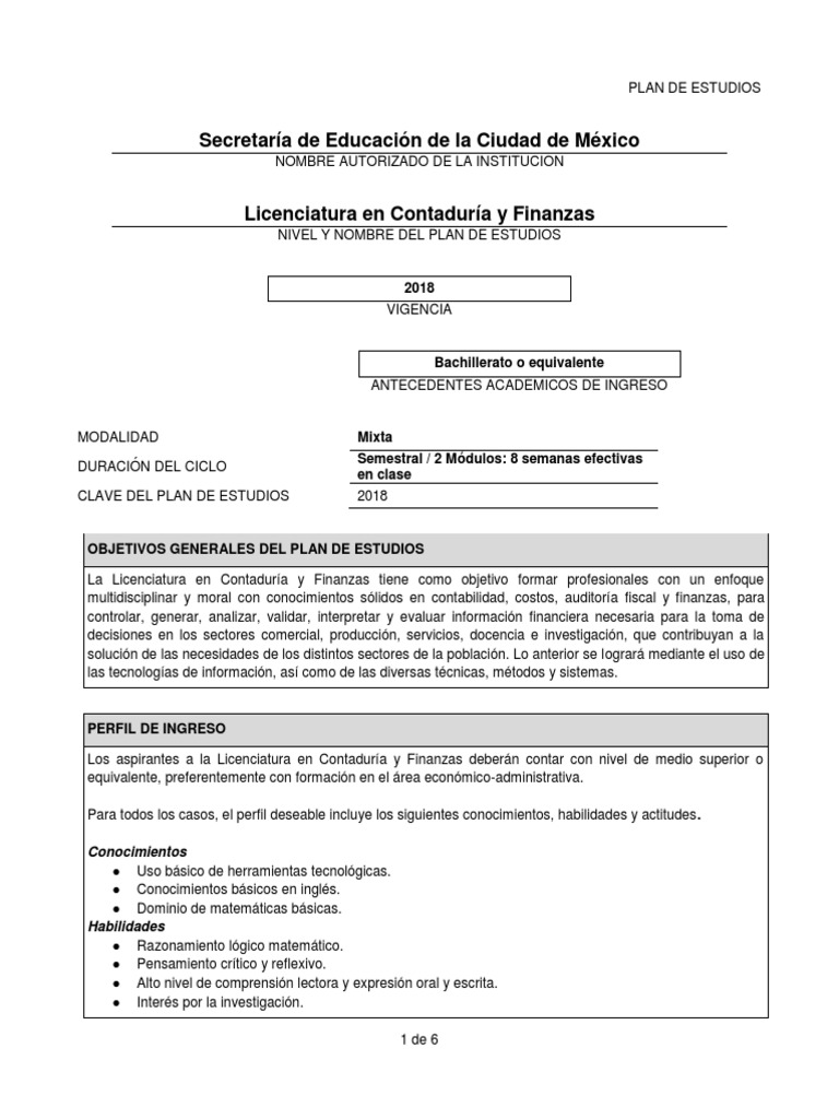 Licenciatura en Contaduria y Finanzas | PDF | Plan de estudios | Evaluación