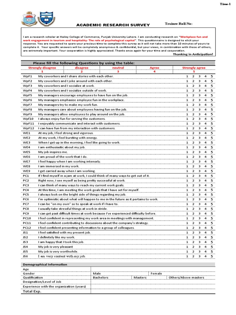 Tourism Workplace Fun Survey | PDF | Cognitive Science | Behavioural ...