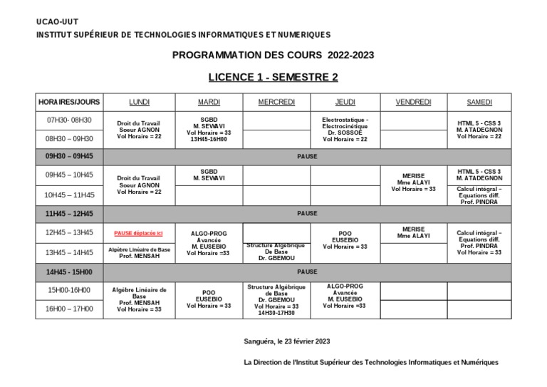 Emploi du Temps Licence 1 Semestre 2 | PDF | Algèbre | Mathématiques
