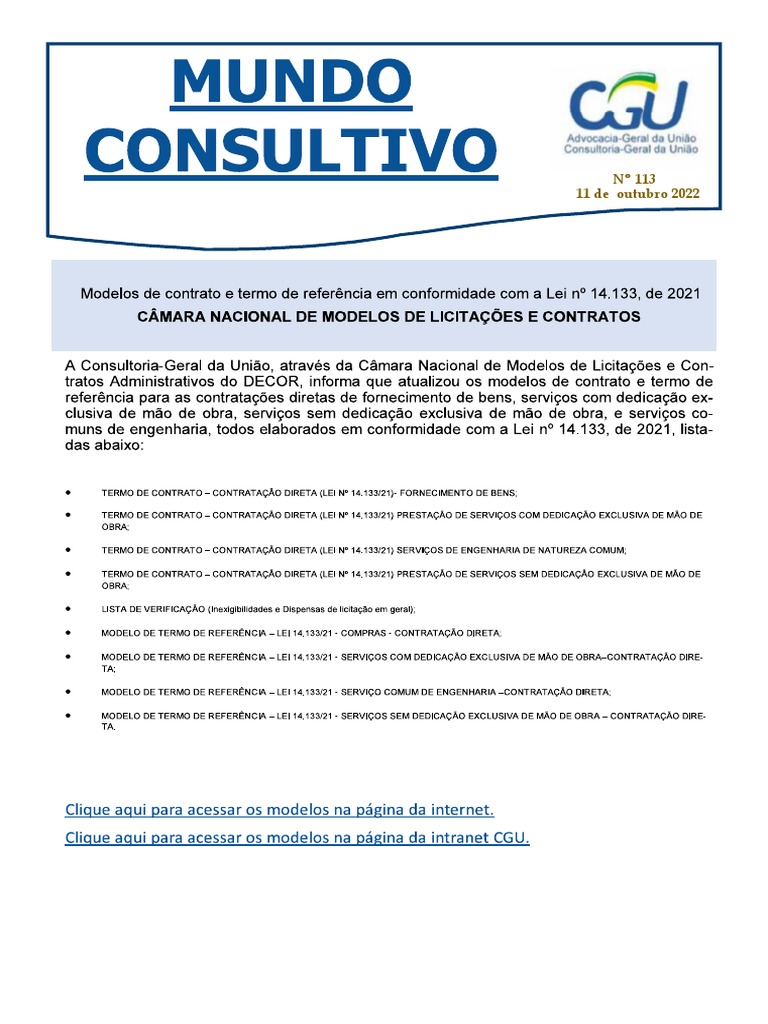Modelos de Contrato e Termo de Referencia Lei 14133 Agu Out 2022 PDF