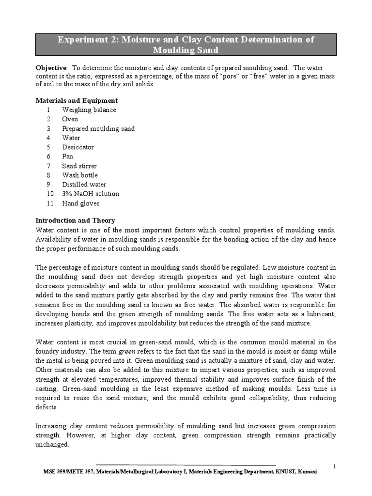 Moisture and Clay Content in Moulding Sand | PDF | Clay | Chemistry