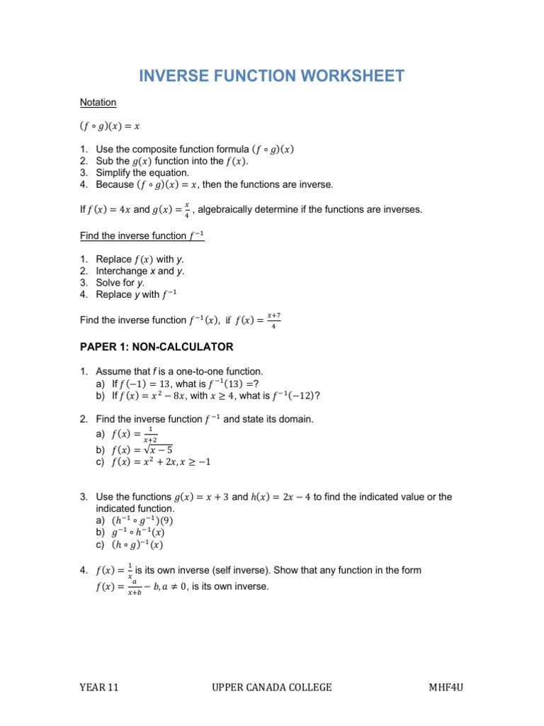 Inverse Function Worksheet | PDF
