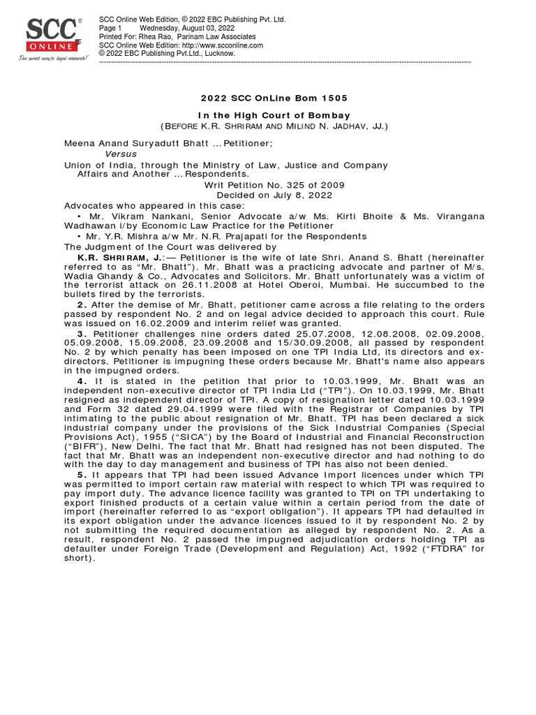 Meena Anand Suryadutt Bhatt v. Union of India, 2022 SCC OnLine Bom 1505
