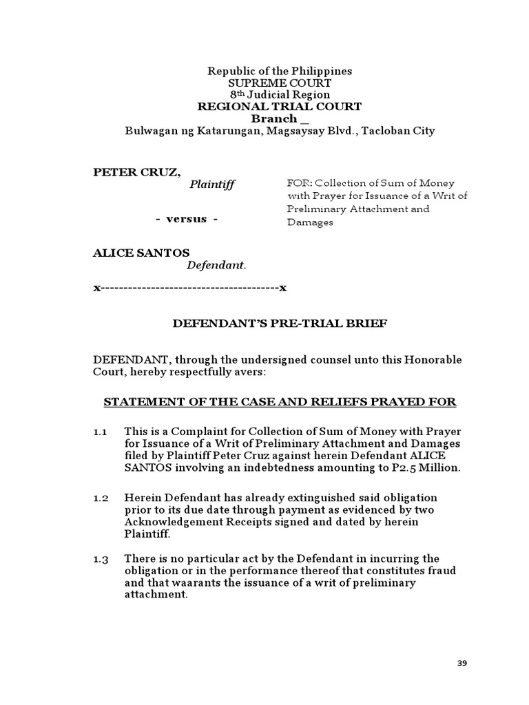 Defendant's Pre-Trial Brief for Debt Case | PDF | Judiciaries | Justice
