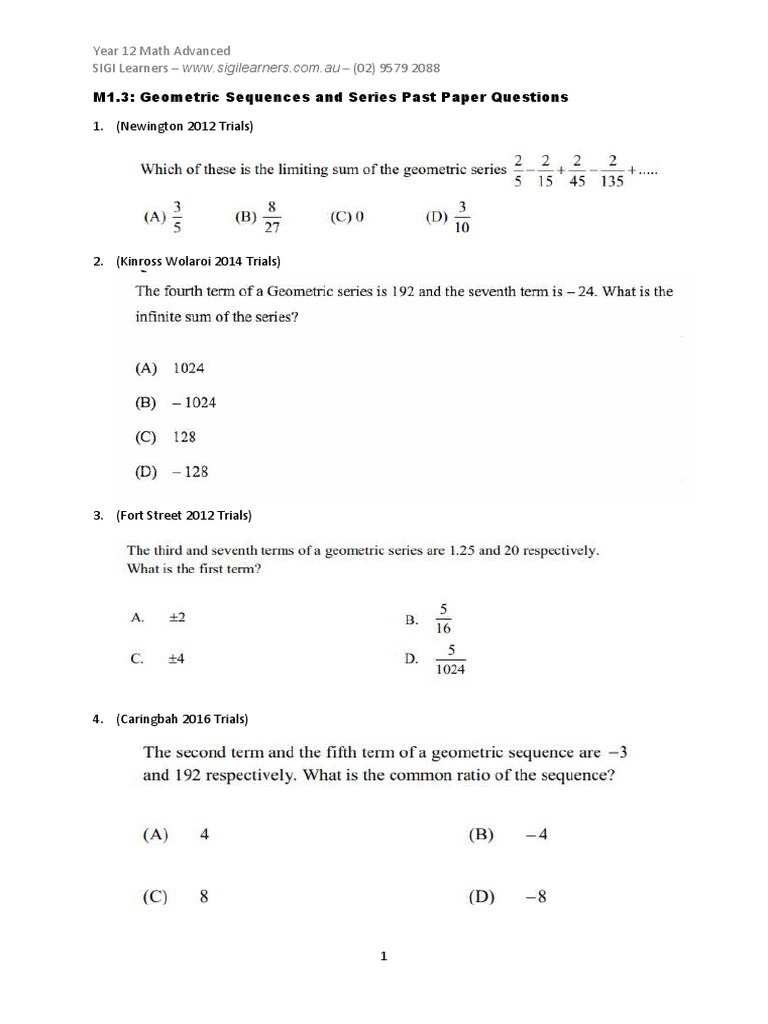 M1.3 - Geometric Sequences and Series Quiz | PDF