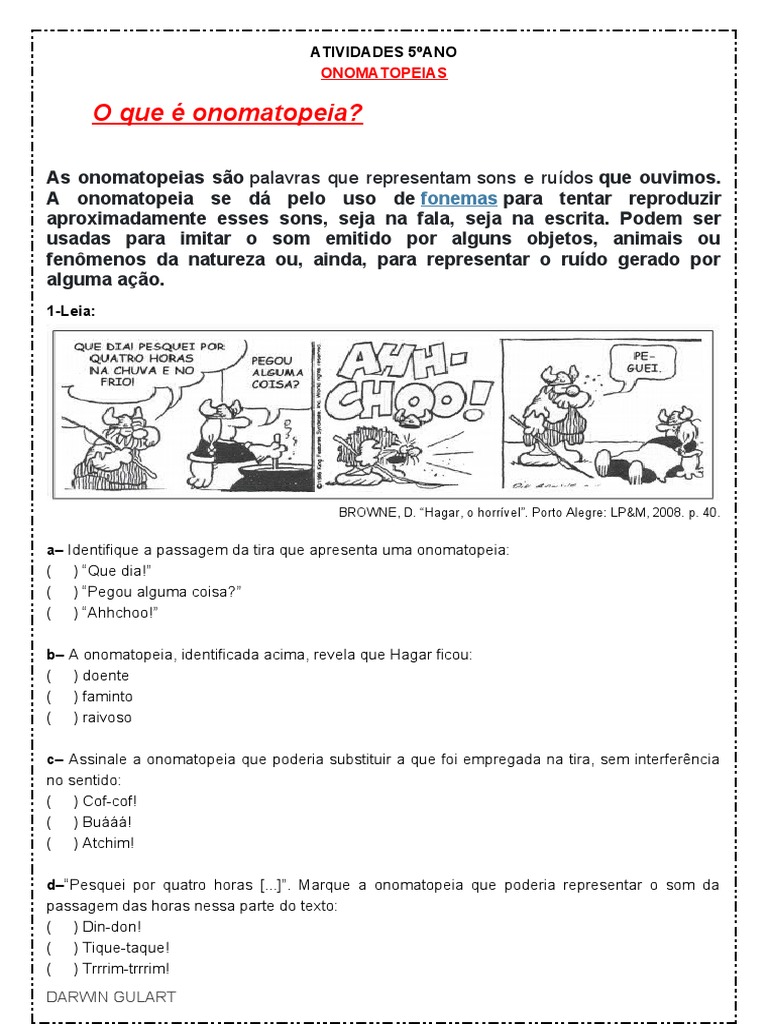Atividade de Portugues Onomatopeias 6º Ano Word | PDF | Som
