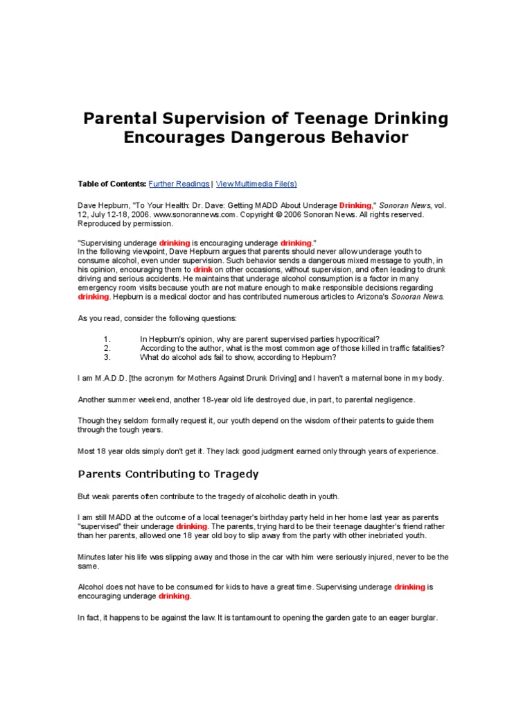 Parental Supervision of Teenage Drinking Encourages Dangerous Behavior