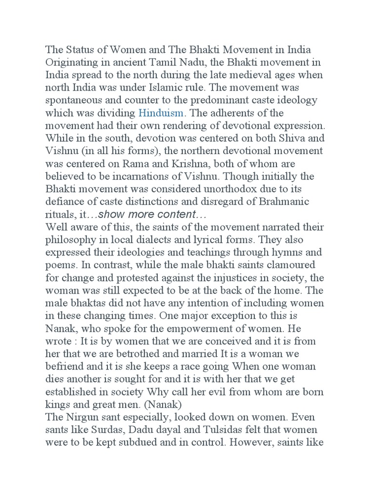The Status of Women and The Bhakti Movement in India Originating in ...