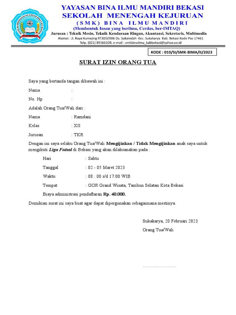 Surat Izin Orang Tua | PDF