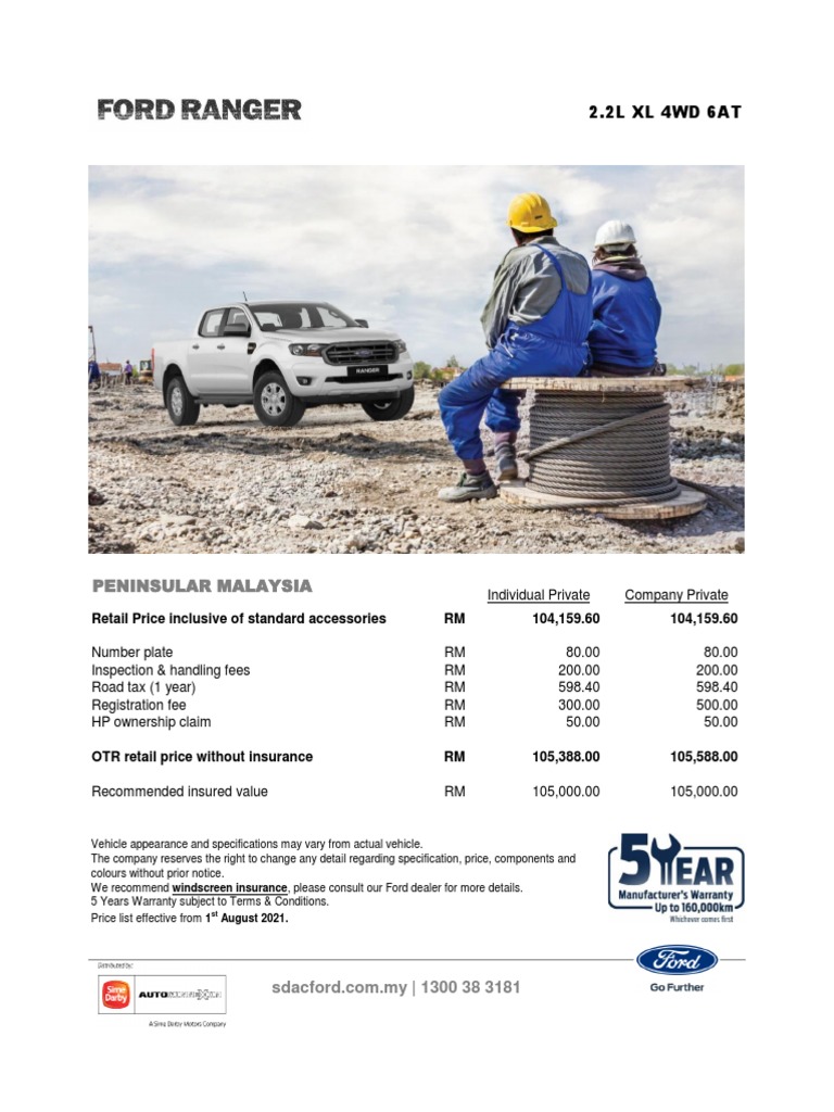 FORD RANGER 2.2L XL 4WD 6AT Aug 2021 PM | PDF | Four Wheel Drive | Headlamp