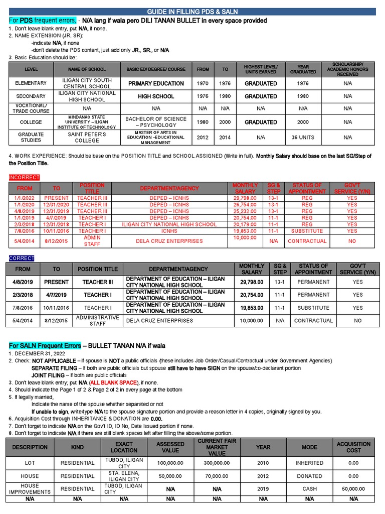 PDS and SALN Filling Guide | PDF