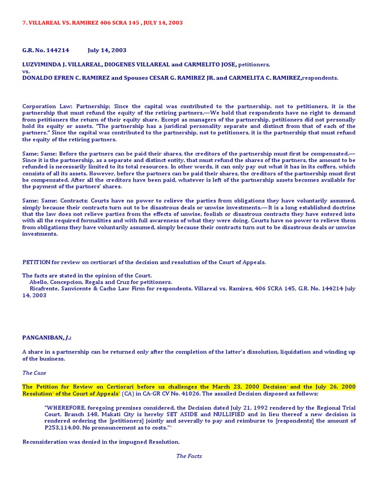 Villareal v. Ramirez 406 Scra 145 (2003) | PDF | Partnership | Liquidation