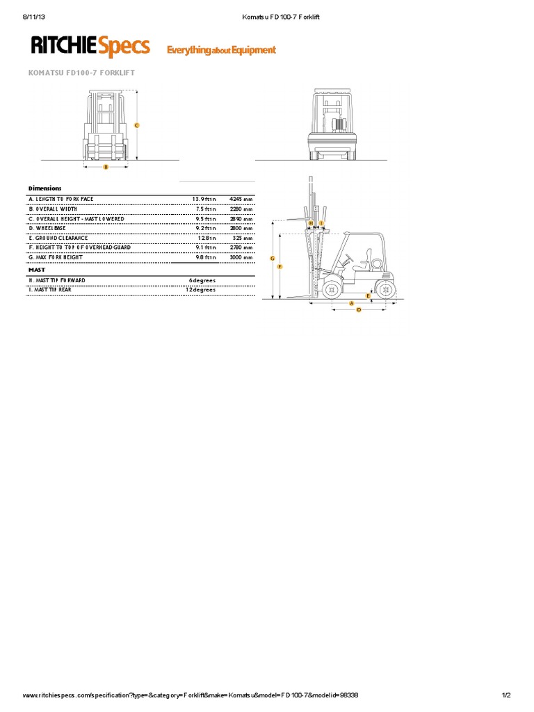 Komatsu FD100-7 Forklift Specifications | PDF | Forklift | Manufactured ...
