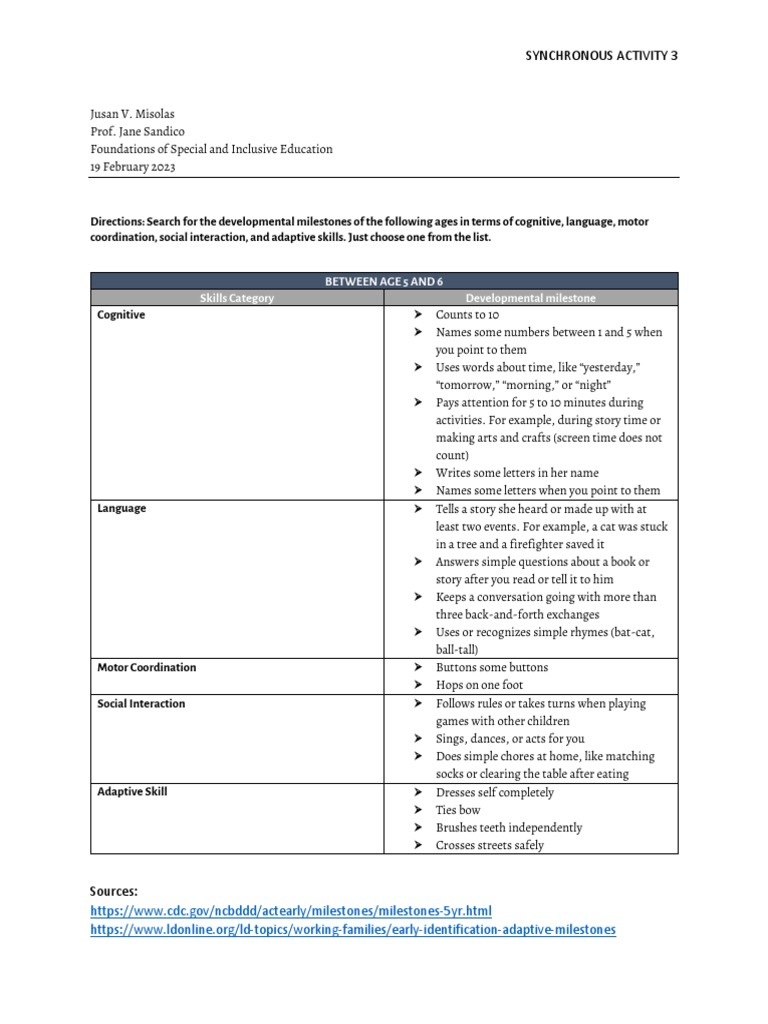 Developmental Milestones for Ages 5-6 | PDF | Neuroscience ...