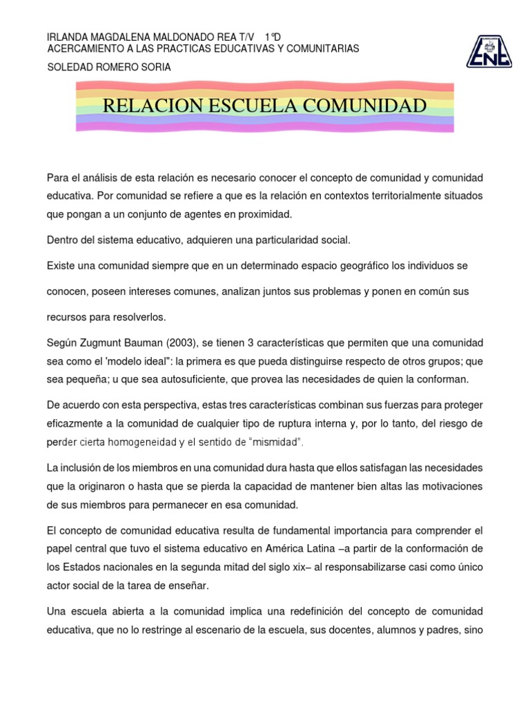 Relación Escuela y Comunidad Educativa | PDF | Comunidad | Enseñando