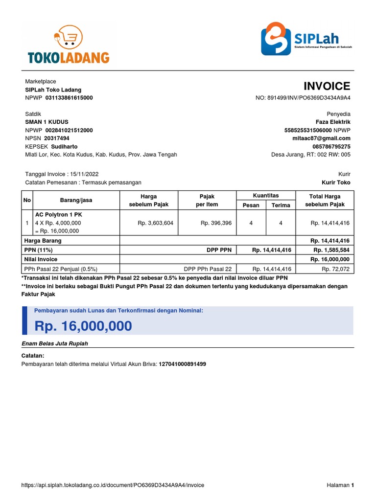 Invoice Pembelian Toko Ladang | PDF