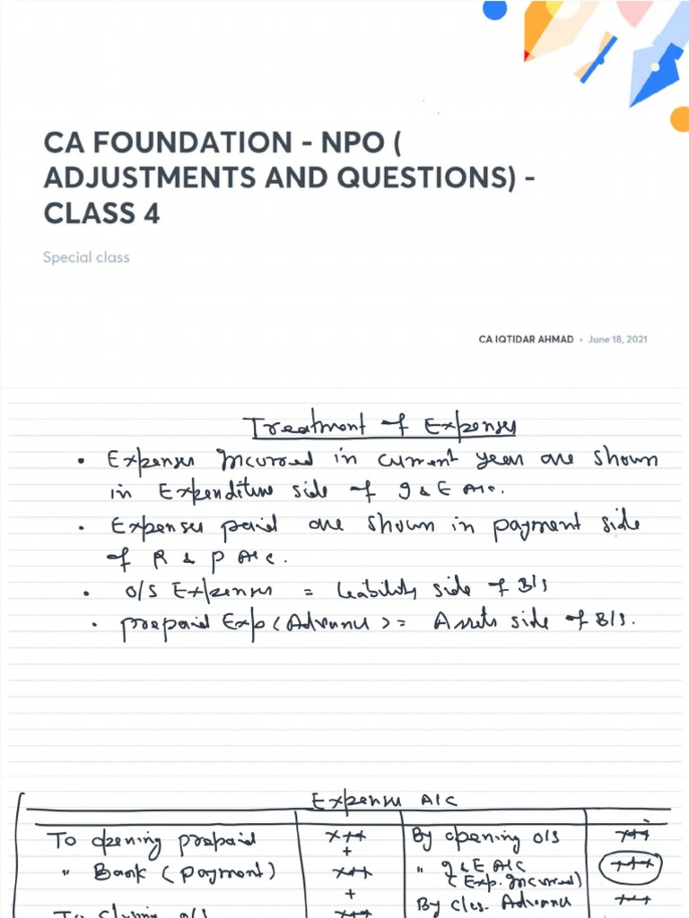 CA FOUNDATION NPO ADJUSTMENTS AND QUESTIONS CLASS 4 With Anno | PDF