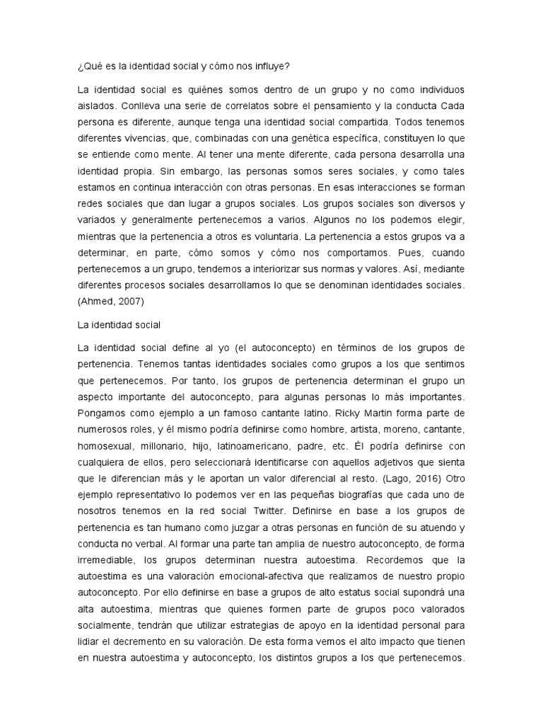 Definición y funciones de la identidad social | PDF | Grupo social ...