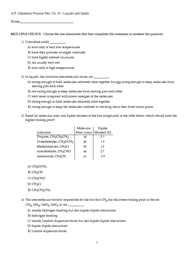 Ch 10 Practice Test Liquids Solids And Answers Combo Pdf Chemical