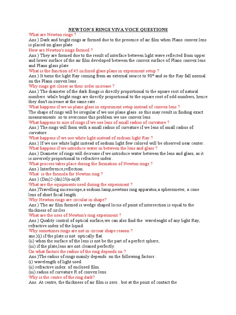 Newtons Ring Viva Questions PDF Optics Refractive Index