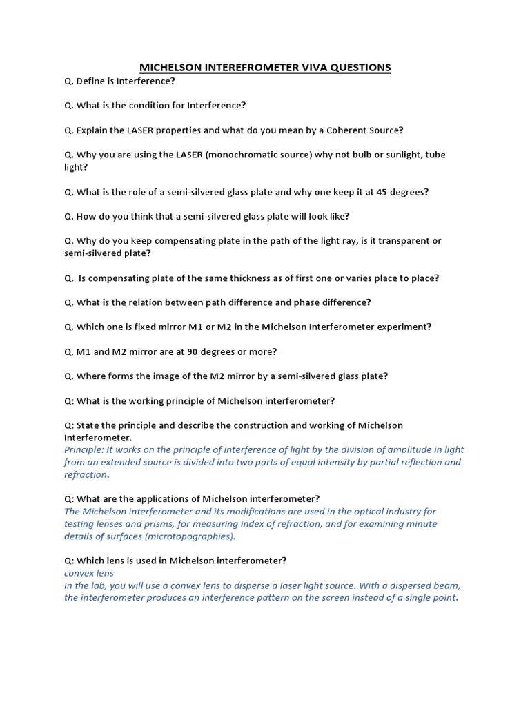 Michelson Interferometer Viva Questions | PDF | Interferometry | Mirror
