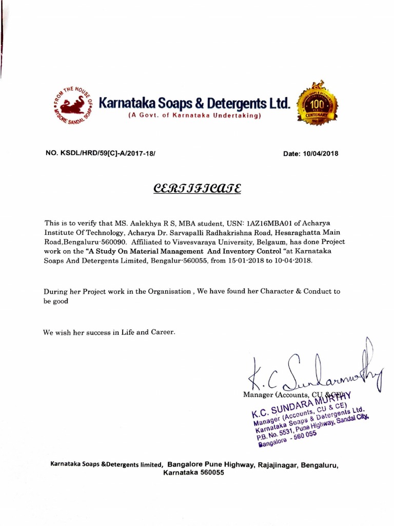 A Study On Material Management and Inventory Control at Karnataka Soap