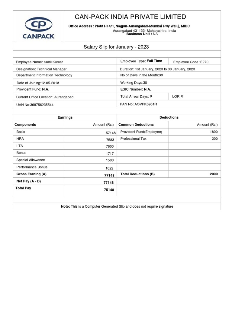 Technical Manager Salary Slip | PDF | Government | Public Finance