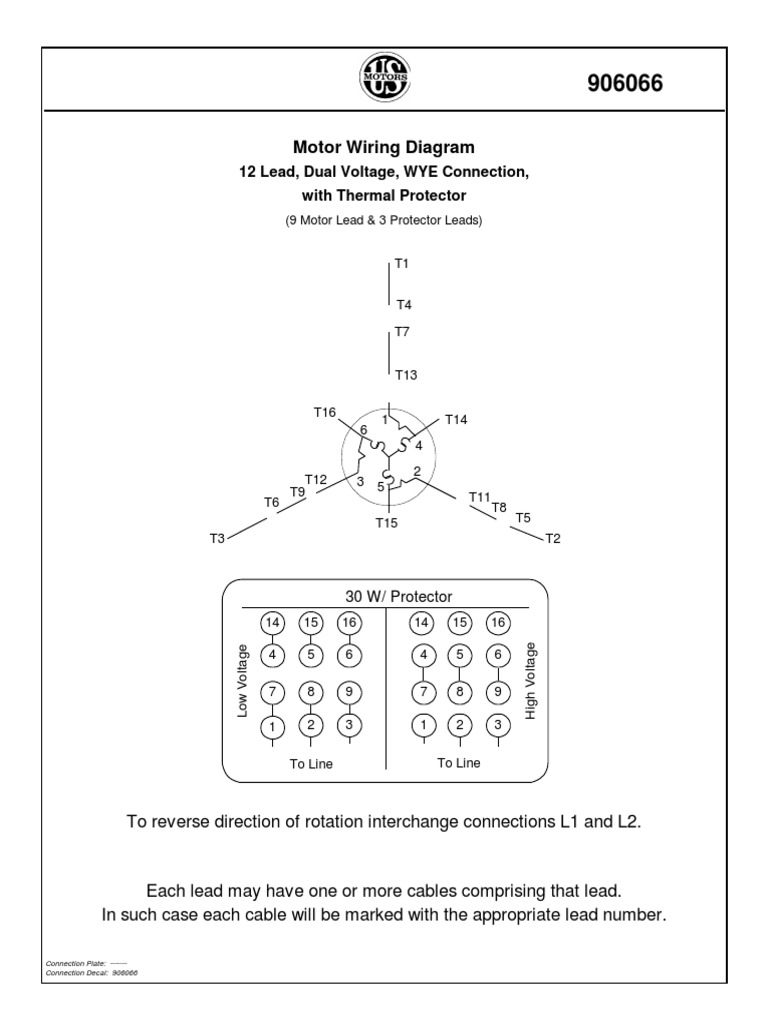 Motor Wiring Diagram 12 Lead, Dual Voltage, WYE Connection, With
