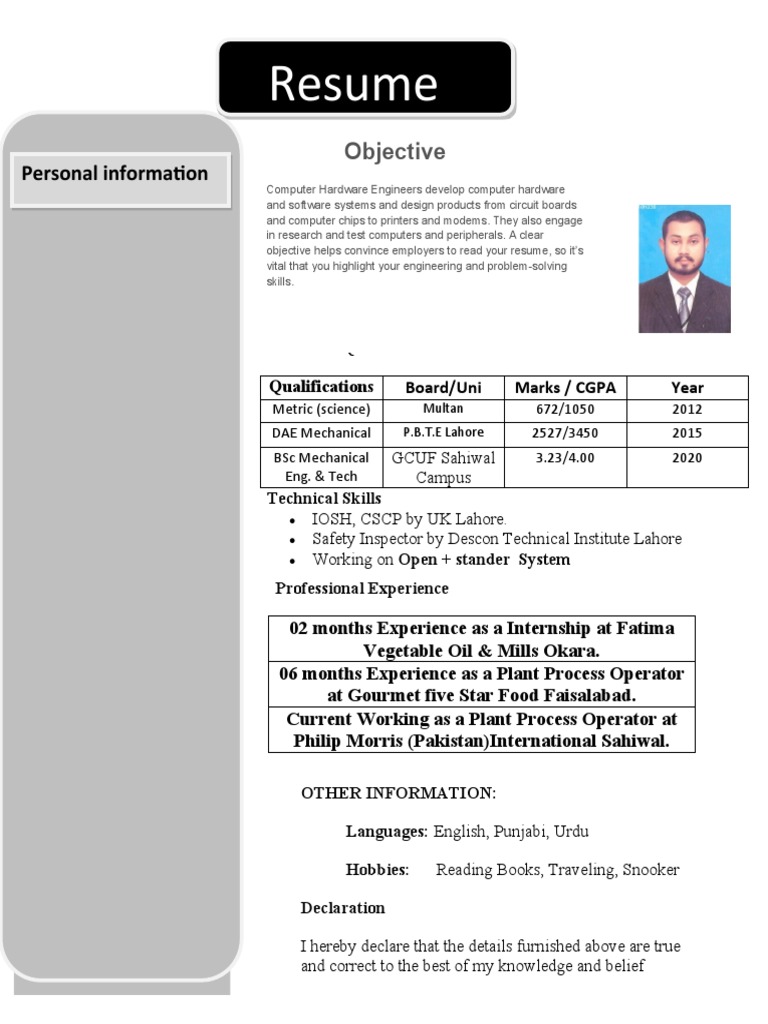 Computer Hardware Engineer Resume Objective PDF