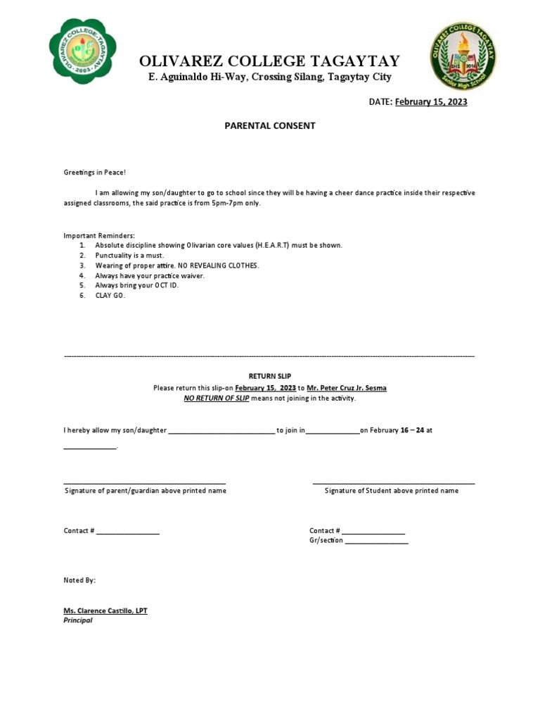 Parent Consent for Dance Practice | PDF