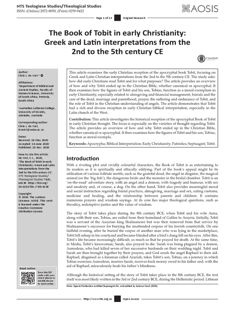 The Book of Tobit in Early Christianity Greek and | PDF | History ...
