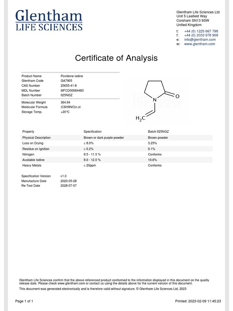 Certificate of Analysis PDF Chemical Substances Physical Sciences