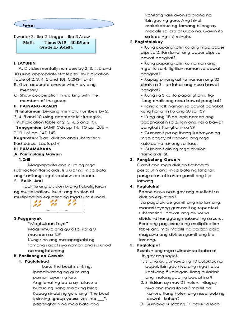 Math Time: 9:15 - 10:05 Am Grade II-Adelfa | PDF