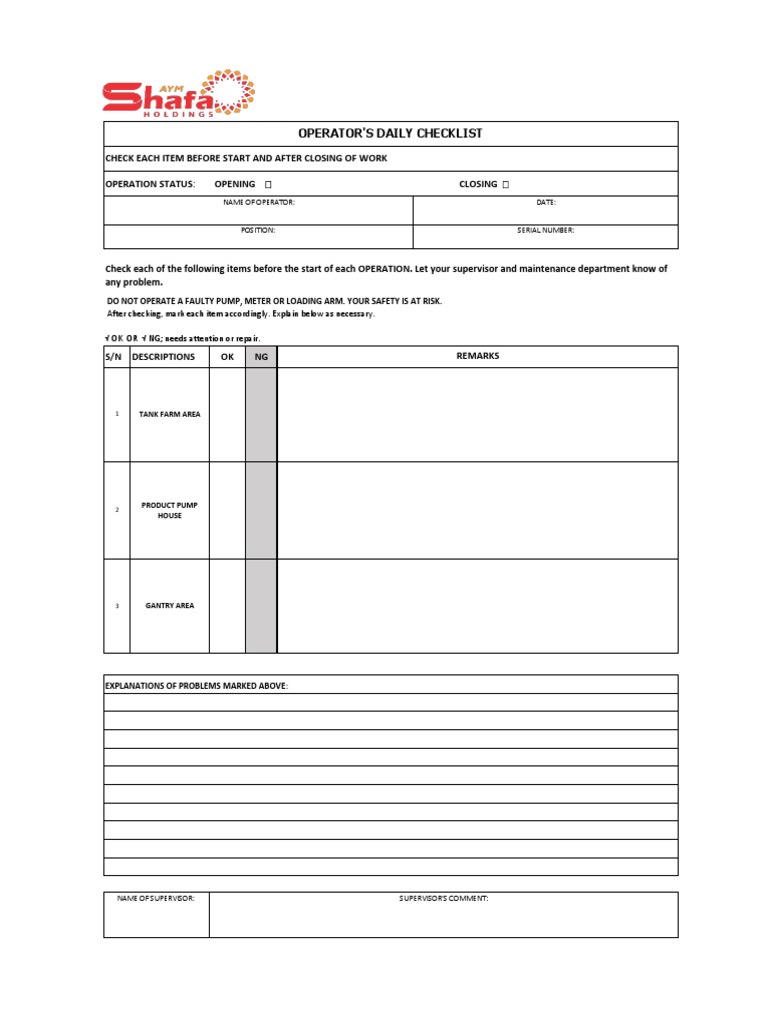 Daily Operator Checklist for Safety | PDF