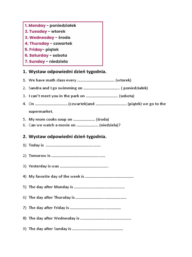 Dni Tygodnia Po Angielsku Ćwiczenia PDF