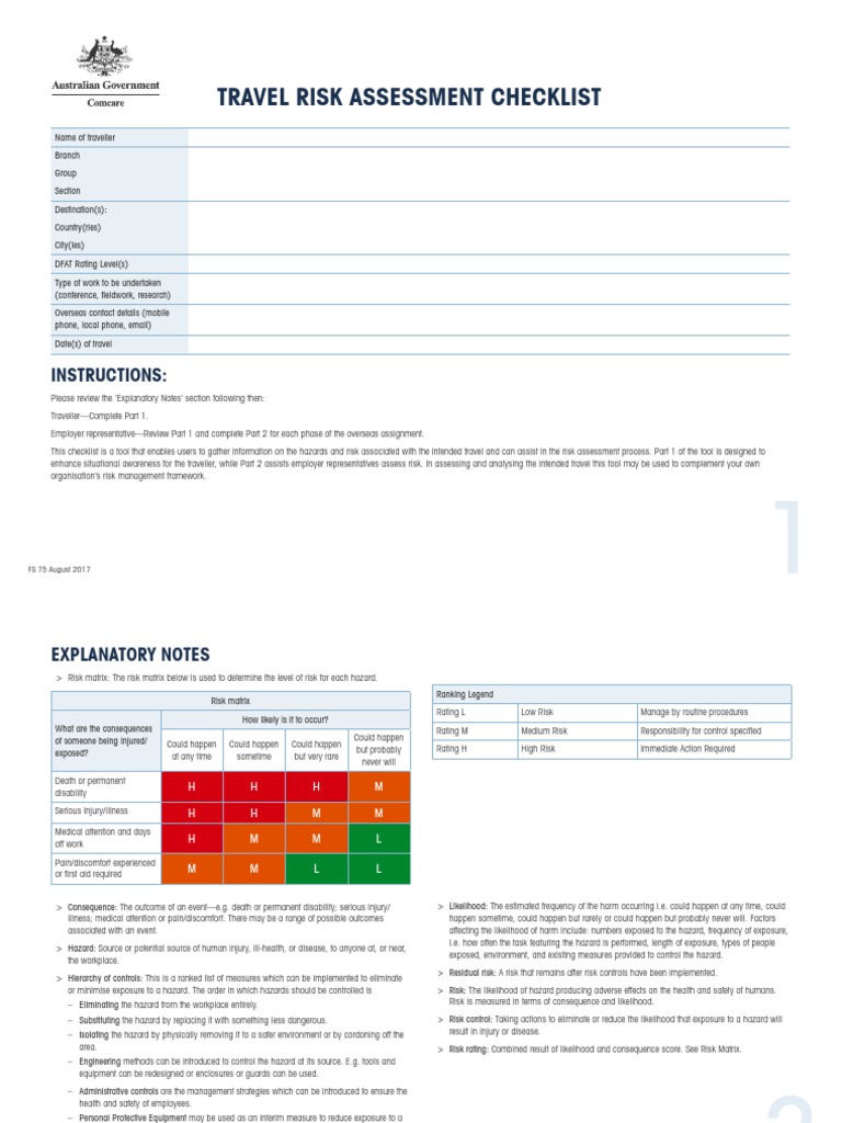 Travel Risk Assessment Checklist - Security & Safety | PDF | Hazards | Risk