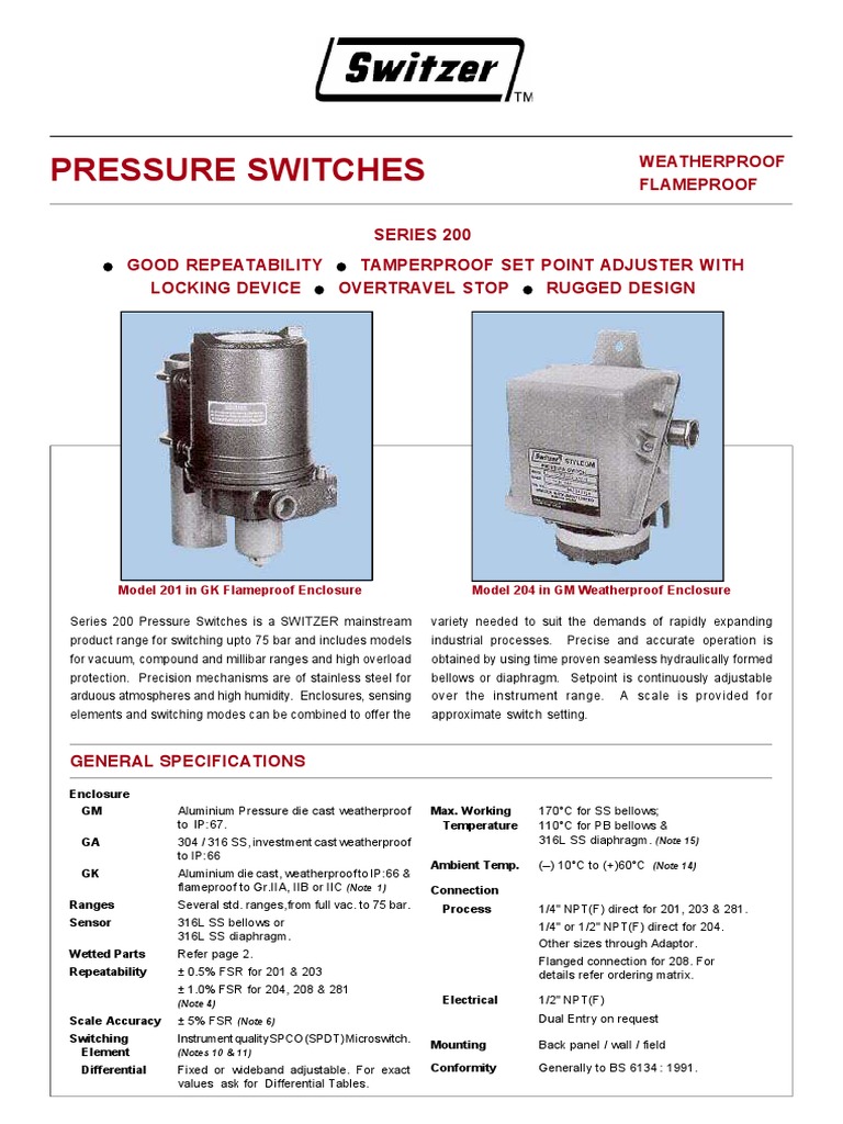 Switzer A2k 170 Degree C Pressure Switches | PDF | Switch | Electrical ...