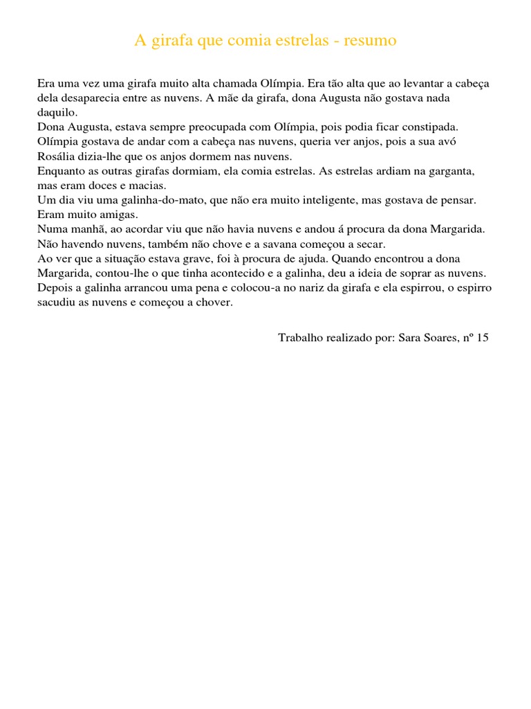 A Girafa Que Comia Estrelas - Resumo | PDF