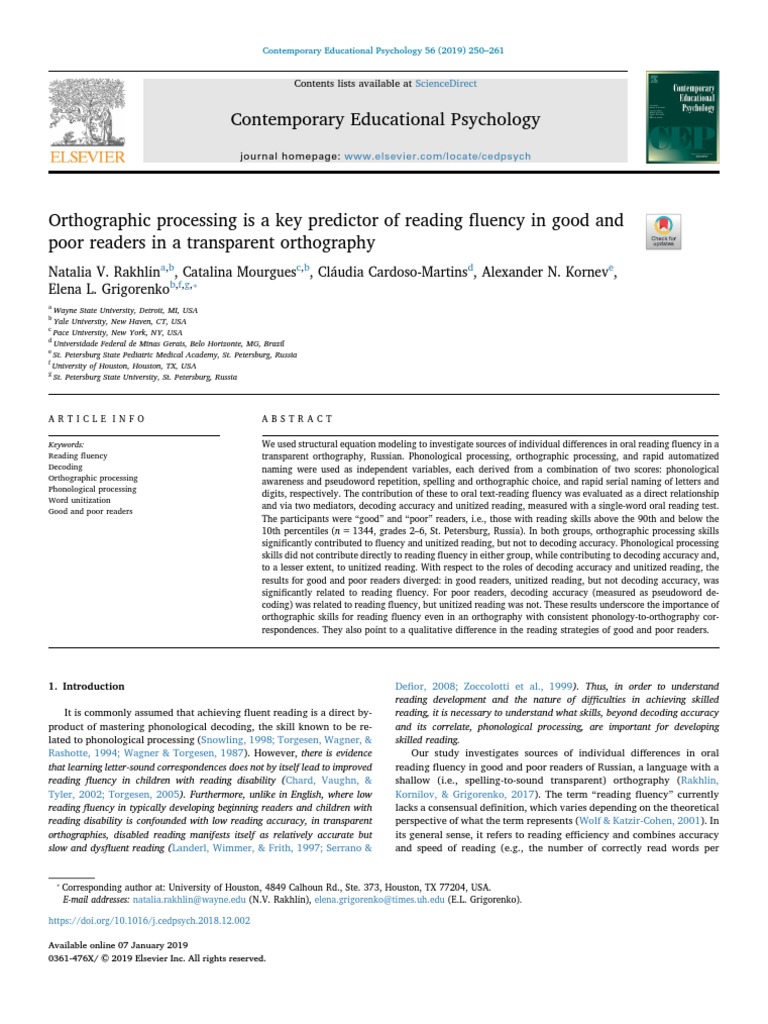 Orthographic Processing Is A Key Predictor of Reading Fluency in Good ...