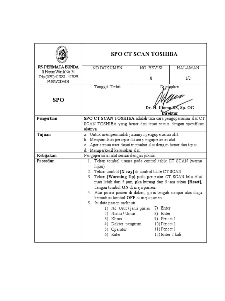 Sop CT Scan Toshiba.030 | PDF | Sains & Matematika | Teknologi & Rekayasa