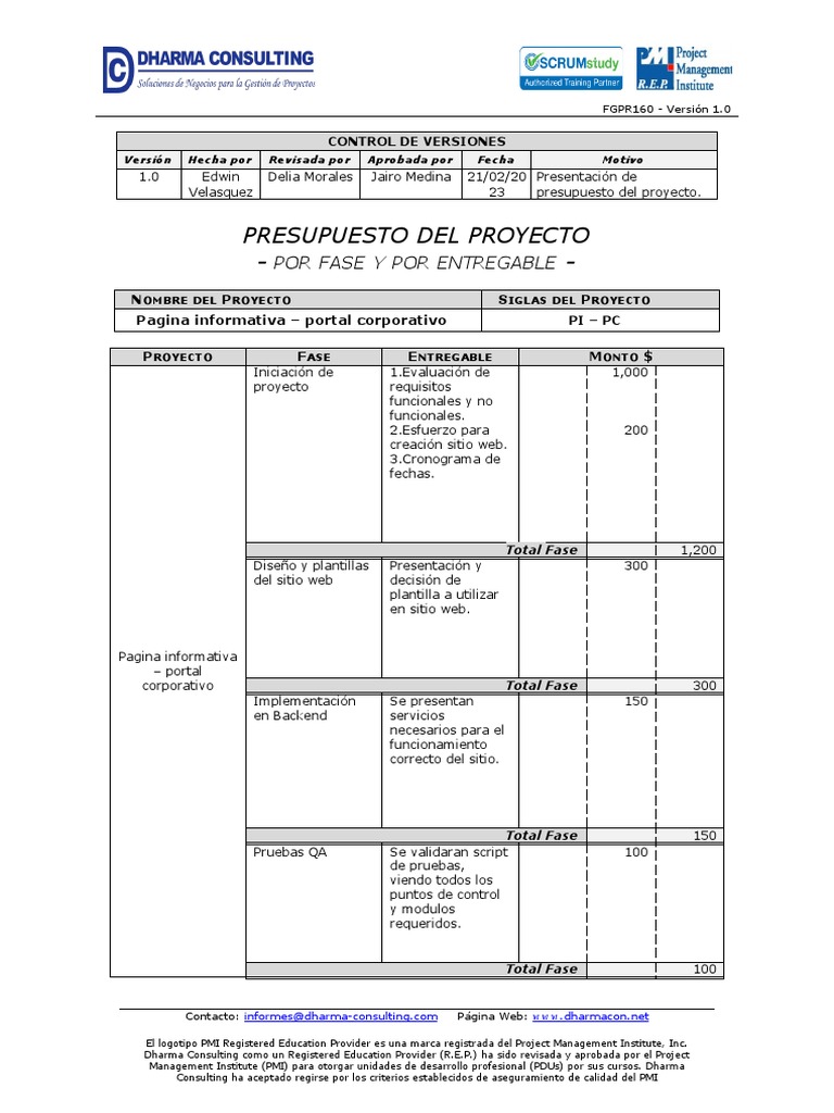 Presupuesto del Proyecto Web | PDF | Informática | Ingeniería de software