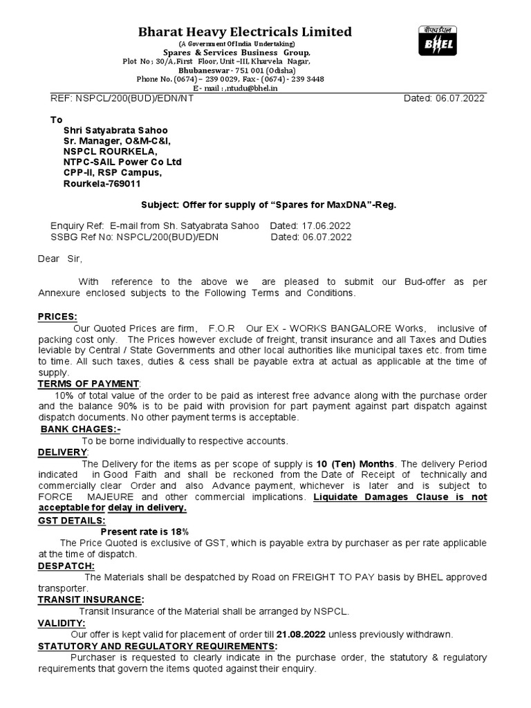 NSPCL Spares Supply Offer Details | PDF | Value Added Tax | Business